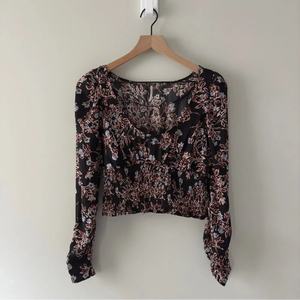 Free People Santiago Top Floral Cropped puff long sleeve buttons smocked ruched
